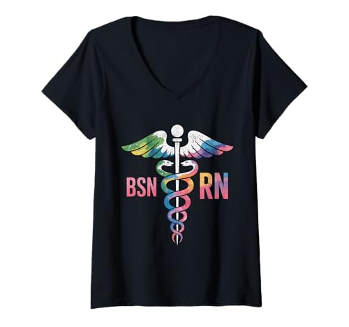 Damen Buntes RN Krankenschwester-Symbol, niedliches Stillen T-Shirt mit V-Ausschnitt von Retro Colorful RN Nurse Symbol Cute Nursing