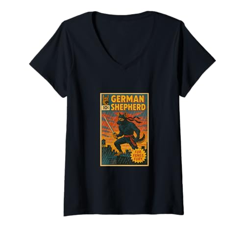 Damen Deutscher Schäferhund Ninja Comic Book Cover Style cool T-Shirt mit V-Ausschnitt von Retro Comic Prints