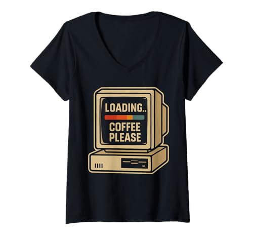 Damen Loading Coffee Please Retro Computer T-Shirt mit V-Ausschnitt von Retro Computer Kaffeeliebhaber Humor