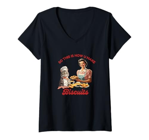 Damen Also so machst du Kekse Funny Cat T-Shirt mit V-Ausschnitt Damen Also so machst du Kekse Funny Cat T-Shirt mit V-Ausschnitt von Retro Cooking Cat Humor Chef Baking Fun