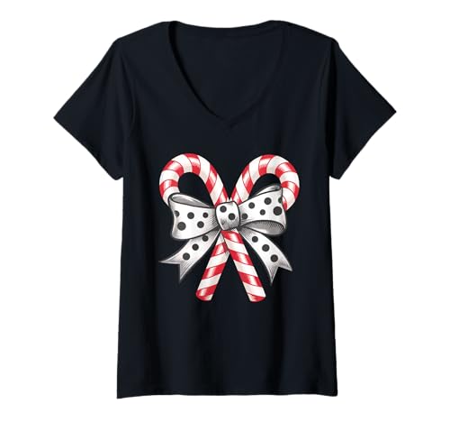 Damen Coquette Bow Tie Candy Cane Bow Christmas Holiday Women Girl T-Shirt mit V-Ausschnitt Damen Coquette Bow Tie Candy Cane Bow Christmas Holiday Women Girl T-Shirt mit V-Ausschnitt von Retro Coquette Bow Tie Candy Cane Christmas Vibes