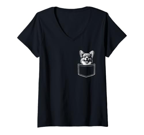 Damen Corgi Dog In Pocket - Lustiger süßer Hundeliebhaber T-Shirt mit V-Ausschnitt von Retro Corgi Apparel Gifts
