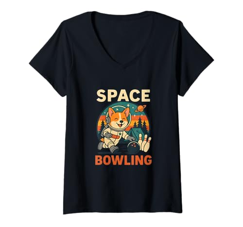 Damen Space Bowling Corgi Astronaut Lustiges Hunde-Design T-Shirt mit V-Ausschnitt Damen Space Bowling Corgi Astronaut Lustiges Hunde-Design T-Shirt mit V-Ausschnitt von Retro Corgi Bowling Space Dog Humor Apparel