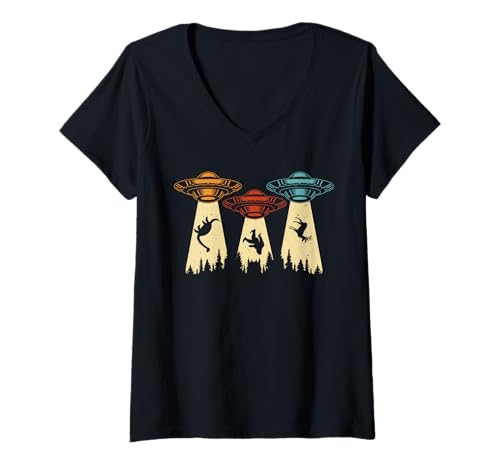Damen Vintage UFO Entführung Wald Szene Dinosaurier, Bigfoot & Deer T-Shirt mit V-Ausschnitt Damen Vintage UFO Entführung Wald Szene Dinosaurier, Bigfoot & Deer T-Shirt mit V-Ausschnitt von Retro Cosmic Adventures