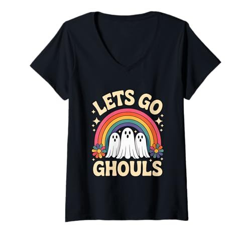 Damen Halloween Lets Go Ghouls Ghost Retro Kostüm Damen Mädchen Kinder T-Shirt mit V-Ausschnitt von Retro Costume Vibes