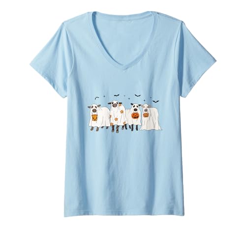 Damen Kuhfarm „Happy Halloween Cow Ghost“, gruselige Jahreszeit, Kuhliebhaber T-Shirt mit V-Ausschnitt von Retro Cow Sheet Cow Ghost Halloween Cow Farm Women