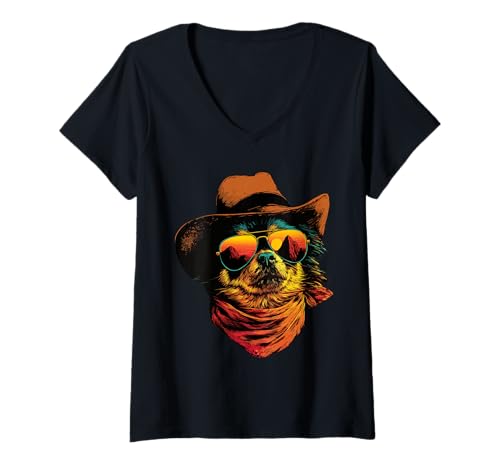 Damen Bunte Chihuahua in Sonnenbrille Cowboy Hund Sonnenuntergang Western T-Shirt mit V-Ausschnitt Damen Bunte Chihuahua in Sonnenbrille Cowboy Hund Sonnenuntergang Western T-Shirt mit V-Ausschnitt von Retro Cowboy Animals Western Clothing