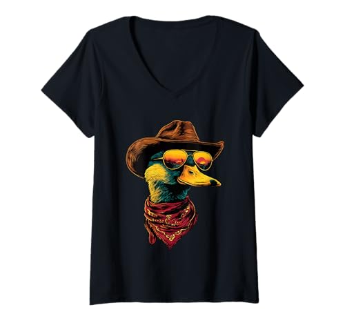 Damen Bunte Ente mit Sonnenbrille Cowboy Tier Sonnenuntergang Western T-Shirt mit V-Ausschnitt Damen Bunte Ente mit Sonnenbrille Cowboy Tier Sonnenuntergang Western T-Shirt mit V-Ausschnitt von Retro Cowboy Animals Western Clothing