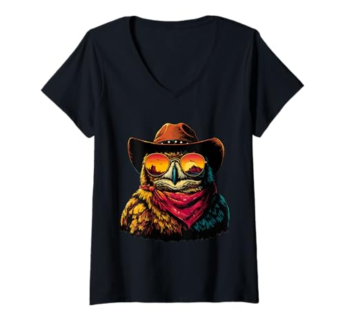 Damen Bunte Eule mit Sonnenbrille Cowboy Tier Sonnenuntergang Western T-Shirt mit V-Ausschnitt von Retro Cowboy Animals Western Clothing
