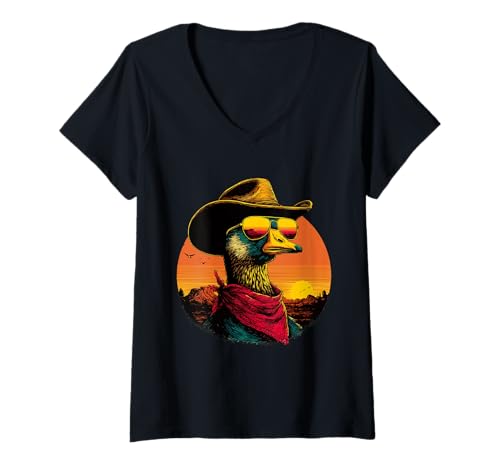 Damen Gans mit Sonnenbrille Cowboy Tier Sonnenuntergang Western T-Shirt mit V-Ausschnitt Damen Gans mit Sonnenbrille Cowboy Tier Sonnenuntergang Western T-Shirt mit V-Ausschnitt von Retro Cowboy Animals Western Clothing