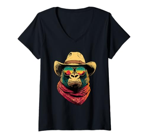 Damen Bunte Gorilla in Sonnenbrille Cowboy Tier Sonnenuntergang Western T-Shirt mit V-Ausschnitt von Retro Cowboy Animals Western Clothing