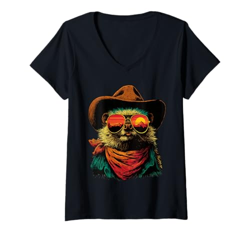 Damen Bunte Igel in Sonnenbrille Cowboy Tier Sonnenuntergang Western T-Shirt mit V-Ausschnitt Damen Bunte Igel in Sonnenbrille Cowboy Tier Sonnenuntergang Western T-Shirt mit V-Ausschnitt von Retro Cowboy Animals Western Clothing
