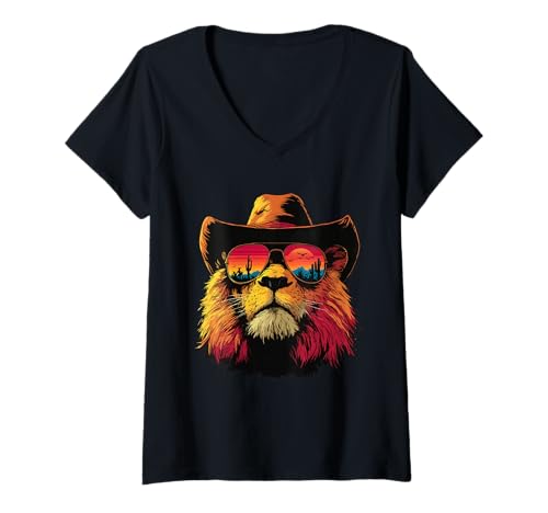 Damen Bunte Löwe mit Sonnenbrille Cowboy Tier Sonnenuntergang Western T-Shirt mit V-Ausschnitt Damen Bunte Löwe mit Sonnenbrille Cowboy Tier Sonnenuntergang Western T-Shirt mit V-Ausschnitt von Retro Cowboy Animals Western Clothing