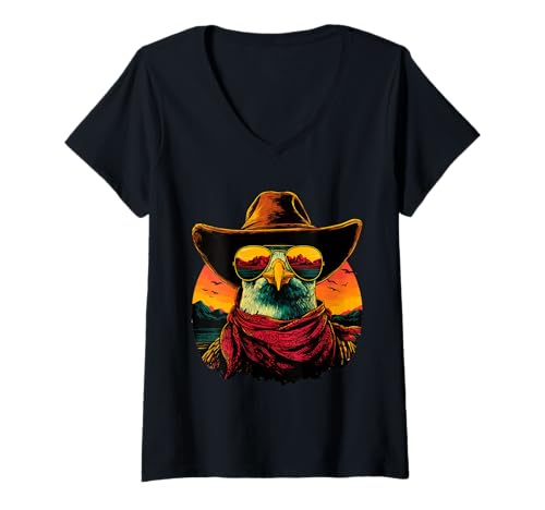 Damen Bunte Möwe in Sonnenbrille Cowboy Tier Sonnenuntergang Western T-Shirt mit V-Ausschnitt Damen Bunte Möwe in Sonnenbrille Cowboy Tier Sonnenuntergang Western T-Shirt mit V-Ausschnitt von Retro Cowboy Animals Western Clothing