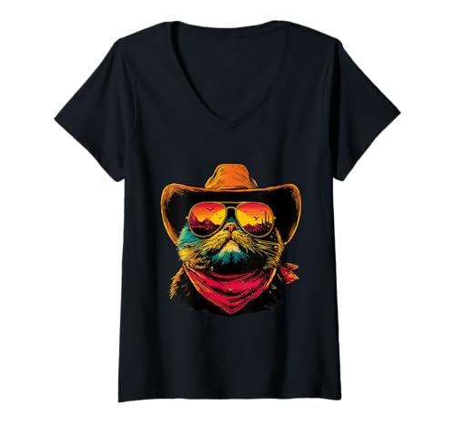 Damen Bunte Perserkatze mit Sonnenbrille Cowboy Sonnenuntergang Western T-Shirt mit V-Ausschnitt Damen Bunte Perserkatze mit Sonnenbrille Cowboy Sonnenuntergang Western T-Shirt mit V-Ausschnitt von Retro Cowboy Animals Western Clothing