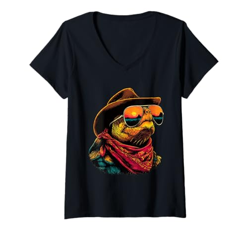 Damen Bunte Schildkröte mit Sonnenbrille Cowboy Tier Sonnenuntergang Western T-Shirt mit V-Ausschnitt von Retro Cowboy Animals Western Clothing