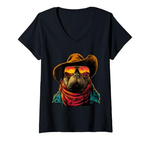 Damen Bunte Seekuh in Sonnenbrille Cowboy Tier Sonnenuntergang Western T-Shirt mit V-Ausschnitt von Retro Cowboy Animals Western Clothing