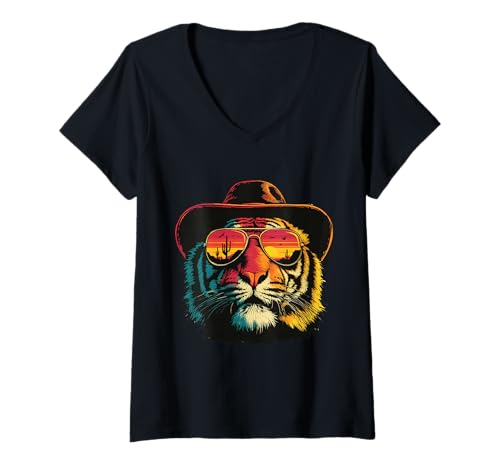 Damen Bunte Tiger mit Sonnenbrille Cowboy Tier Sonnenuntergang Western T-Shirt mit V-Ausschnitt Damen Bunte Tiger mit Sonnenbrille Cowboy Tier Sonnenuntergang Western T-Shirt mit V-Ausschnitt von Retro Cowboy Animals Western Clothing