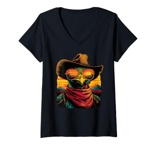 Damen Bunte Truthahn mit Sonnenbrille Cowboy Tier Sonnenuntergang Western T-Shirt mit V-Ausschnitt Damen Bunte Truthahn mit Sonnenbrille Cowboy Tier Sonnenuntergang Western T-Shirt mit V-Ausschnitt von Retro Cowboy Animals Western Clothing