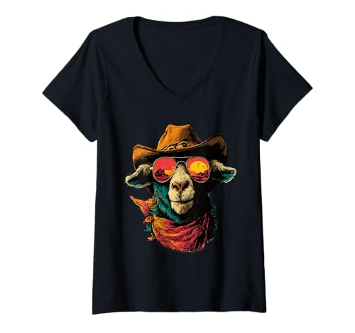 Damen Bunte Ziege mit Sonnenbrille Cowboy Tier Sonnenuntergang Western T-Shirt mit V-Ausschnitt von Retro Cowboy Animals Western Clothing