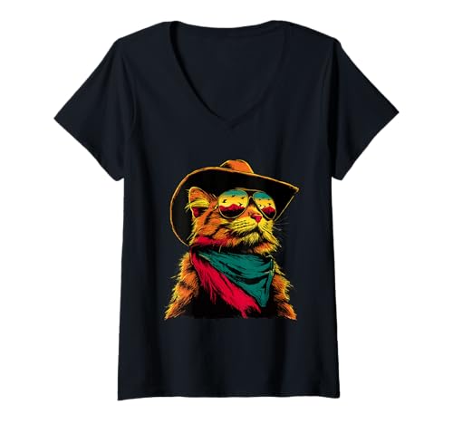 Damen Bunte getigerte Katze mit Sonnenbrille Cowboy Tier Western T-Shirt mit V-Ausschnitt von Retro Cowboy Animals Western Clothing