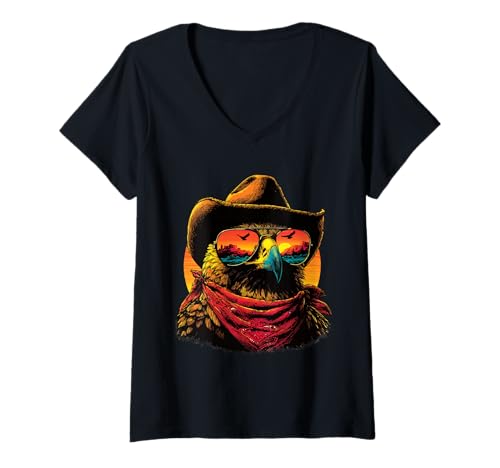 Damen Bunter Adler mit Sonnenbrille Cowboy Tier Sonnenuntergang Western T-Shirt mit V-Ausschnitt von Retro Cowboy Animals Western Clothing