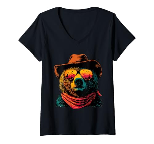 Damen Bunter Bär mit Sonnenbrille Cowboy Tier Sonnenuntergang Western T-Shirt mit V-Ausschnitt von Retro Cowboy Animals Western Clothing