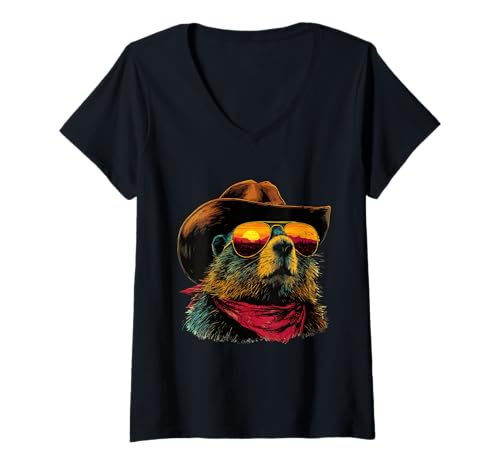 Damen Bunter Biber mit Sonnenbrille Cowboy Tier Sonnenuntergang Western T-Shirt mit V-Ausschnitt von Retro Cowboy Animals Western Clothing