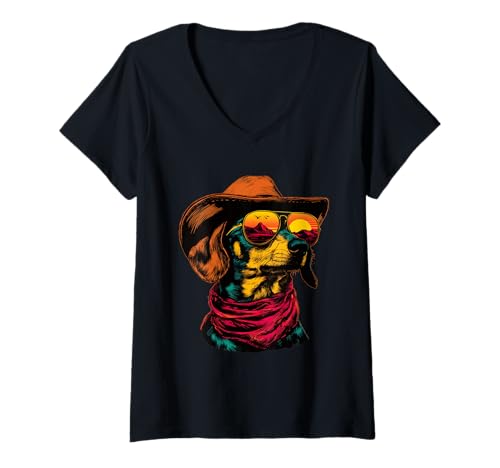 Damen Bunter Dackel mit Sonnenbrille Cowboy Hund Sonnenuntergang Western T-Shirt mit V-Ausschnitt von Retro Cowboy Animals Western Clothing