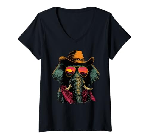 Damen Bunter Elefant in Sonnenbrille, Cowboy, Tier, Sonnenuntergang, Western T-Shirt mit V-Ausschnitt Damen Bunter Elefant in Sonnenbrille, Cowboy, Tier, Sonnenuntergang, Western T-Shirt mit V-Ausschnitt von Retro Cowboy Animals Western Clothing