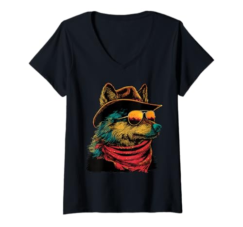 Damen Bunter Wolf mit Sonnenbrille Cowboy Tier Sonnenuntergang Western T-Shirt mit V-Ausschnitt Damen Bunter Wolf mit Sonnenbrille Cowboy Tier Sonnenuntergang Western T-Shirt mit V-Ausschnitt von Retro Cowboy Animals Western Clothing