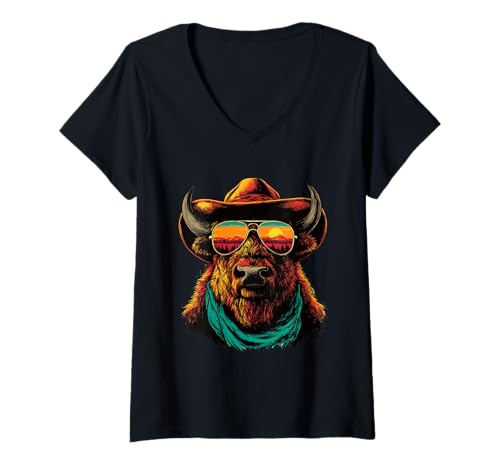 Damen Buntes Bison mit Sonnenbrille Cowboy Tier Sonnenuntergang Western T-Shirt mit V-Ausschnitt von Retro Cowboy Animals Western Clothing
