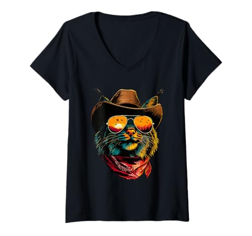 Damen Buntes Bobcat mit Sonnenbrille Cowboy Tier Sonnenuntergang T-Shirt mit V-Ausschnitt Damen Buntes Bobcat mit Sonnenbrille Cowboy Tier Sonnenuntergang T-Shirt mit V-Ausschnitt von Retro Cowboy Animals Western Clothing