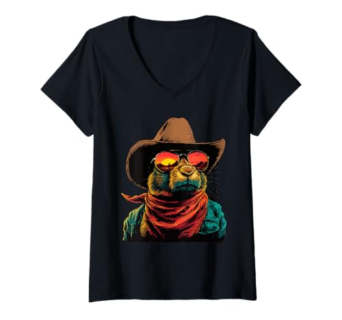 Damen Buntes Kaninchen mit Sonnenbrille Cowboy Tier Sonnenuntergang Western T-Shirt mit V-Ausschnitt Damen Buntes Kaninchen mit Sonnenbrille Cowboy Tier Sonnenuntergang Western T-Shirt mit V-Ausschnitt von Retro Cowboy Animals Western Clothing