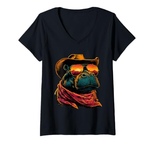 Damen Buntes Nilpferd mit Sonnenbrille Cowboyhut Western Rodeo T-Shirt mit V-Ausschnitt von Retro Cowboy Animals Western Clothing