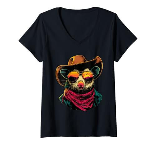 Damen Buntes Opossum mit Sonnenbrille Cowboy Tier Sonnenuntergang Western T-Shirt mit V-Ausschnitt Damen Buntes Opossum mit Sonnenbrille Cowboy Tier Sonnenuntergang Western T-Shirt mit V-Ausschnitt von Retro Cowboy Animals Western Clothing