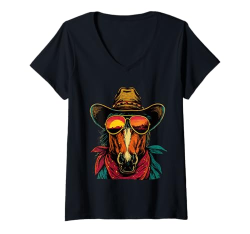 Damen Buntes Pferd mit Sonnenbrille Cowboy Tier Sonnenuntergang Western T-Shirt mit V-Ausschnitt Damen Buntes Pferd mit Sonnenbrille Cowboy Tier Sonnenuntergang Western T-Shirt mit V-Ausschnitt von Retro Cowboy Animals Western Clothing