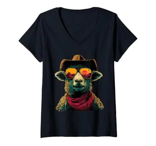 Damen Buntes Schaf mit Sonnenbrille Cowboy Tier Sonnenuntergang Western T-Shirt mit V-Ausschnitt von Retro Cowboy Animals Western Clothing