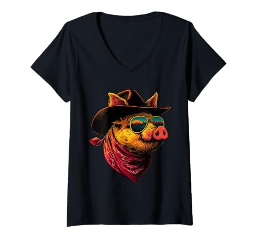 Damen Buntes Schwein mit Sonnenbrille Cowboy Tier Sonnenuntergang Western T-Shirt mit V-Ausschnitt von Retro Cowboy Animals Western Clothing
