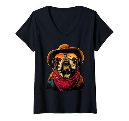 Damen Coole britische Bulldogge in Sonnenbrille Cowboy Hund Sonnenuntergang Western T-Shirt mit V-Ausschnitt von Retro Cowboy Animals Western Clothing