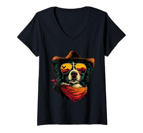 Damen Cooler Border Collie mit Sonnenbrille Cowboy Hund Sonnenuntergang Western T-Shirt mit V-Ausschnitt von Retro Cowboy Animals Western Clothing