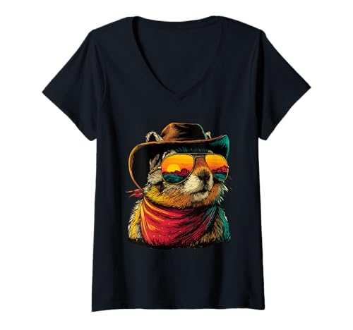 Damen Cooles Eichhörnchen mit Sonnenbrille Cowboy Tier Sonnenuntergang Western T-Shirt mit V-Ausschnitt Damen Cooles Eichhörnchen mit Sonnenbrille Cowboy Tier Sonnenuntergang Western T-Shirt mit V-Ausschnitt von Retro Cowboy Animals Western Clothing