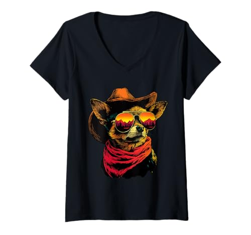 Damen Farbenfroher Chihuahua mit Sonnenbrille Cowboy Hund Western T-Shirt mit V-Ausschnitt Damen Farbenfroher Chihuahua mit Sonnenbrille Cowboy Hund Western T-Shirt mit V-Ausschnitt von Retro Cowboy Animals Western Clothing