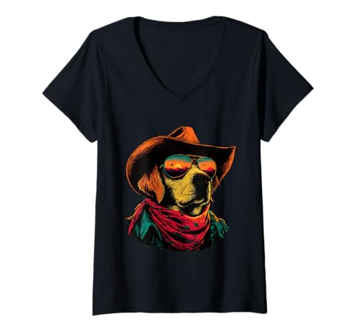 Damen Labrador Retriever mit Sonnenbrille Cowboy Hund Sonnenuntergang Western T-Shirt mit V-Ausschnitt Damen Labrador Retriever mit Sonnenbrille Cowboy Hund Sonnenuntergang Western T-Shirt mit V-Ausschnitt von Retro Cowboy Animals Western Clothing