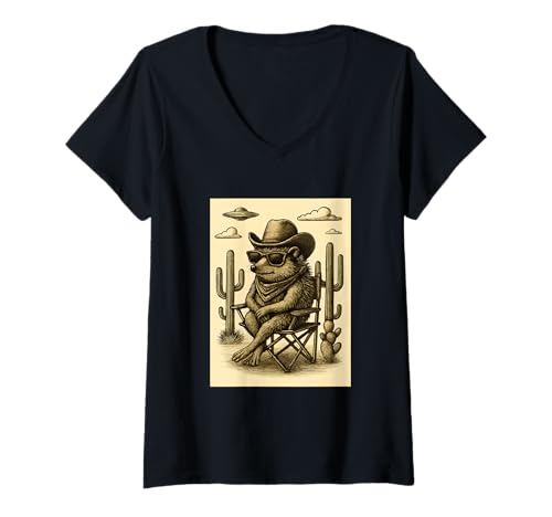 Damen Cowboy-Igel-Sonnenbrille, Tierkunst, Alien, UFO, Haustier, Western T-Shirt mit V-Ausschnitt von Retro Cowboy Animals in Glasses with UFO Clothing