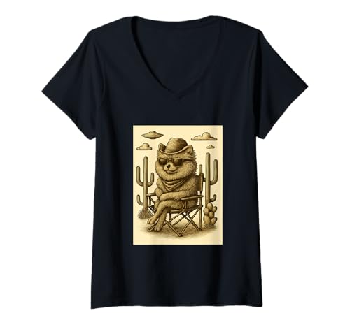 Damen Cowboy Pomeranian Hund Sonnenbrille Tier Alien UFO Western T-Shirt mit V-Ausschnitt von Retro Cowboy Animals in Glasses with UFO Clothing