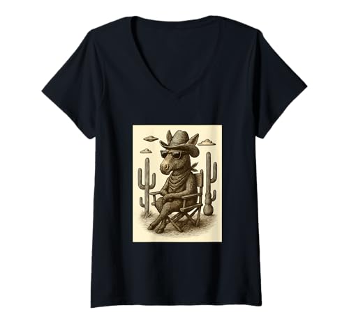 Damen Retro Cowboy Esel Sonnenbrille Tier Kunst Alien UFO Western T-Shirt mit V-Ausschnitt von Retro Cowboy Animals in Glasses with UFO Clothing