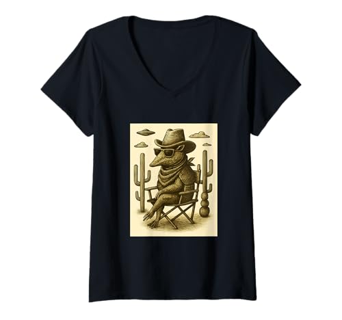 Damen Vintage Cowboy Armadillo Sonnenbrille Tier Alien UFO Western T-Shirt mit V-Ausschnitt von Retro Cowboy Animals in Glasses with UFO Clothing