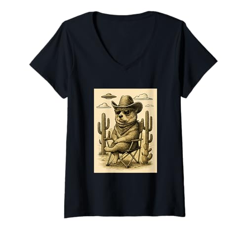 Damen Vintage Cowboy Corgi Sonnenbrille Animal Art Alien UFO Western T-Shirt mit V-Ausschnitt von Retro Cowboy Animals in Glasses with UFO Clothing
