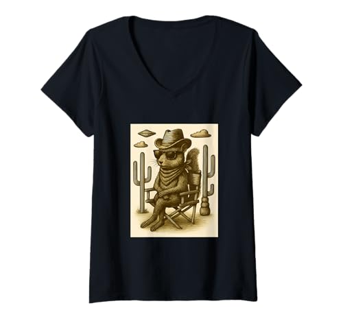 Damen Vintage Cowboy Eichhörnchen Sonnenbrille Tier Alien UFO Western T-Shirt mit V-Ausschnitt von Retro Cowboy Animals in Glasses with UFO Clothing
